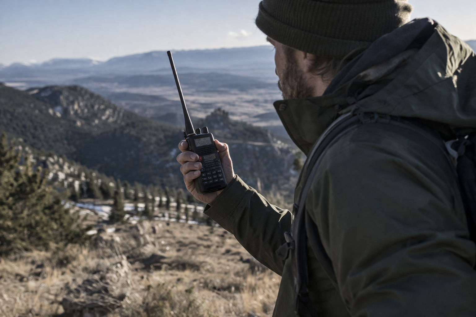 person using handheld radio for off-grid communication in remote mountain area without cell service