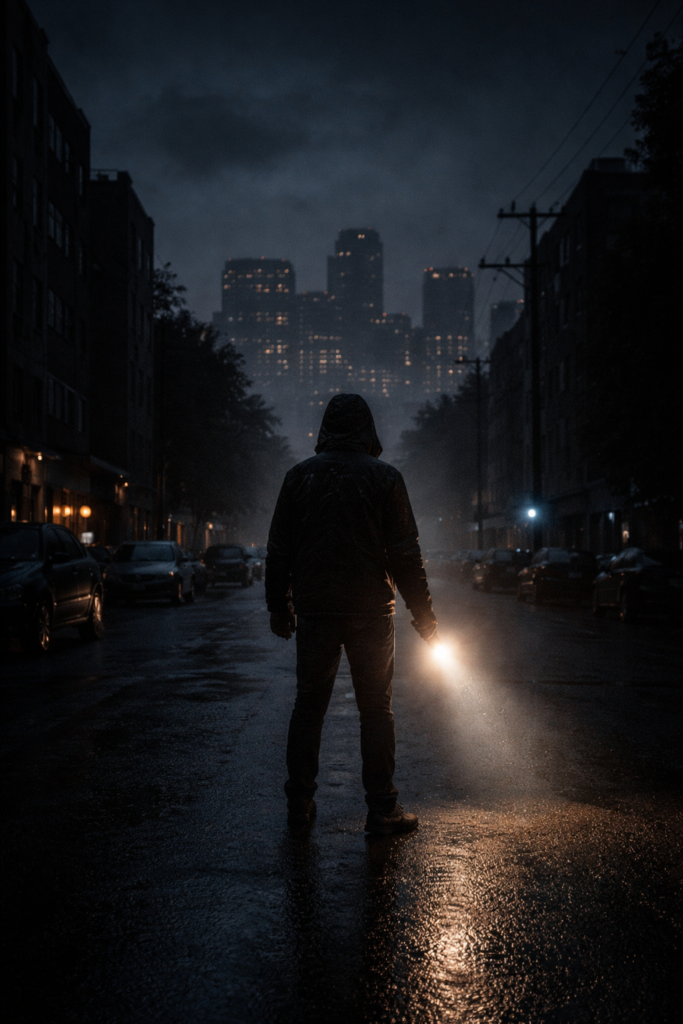 person standing in dark city street during power outage holding flashlight during grid down blackout