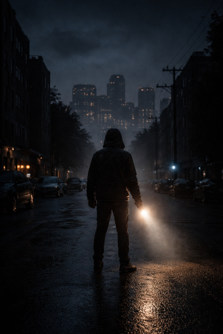 person standing in dark city street during power outage holding flashlight during grid down blackout