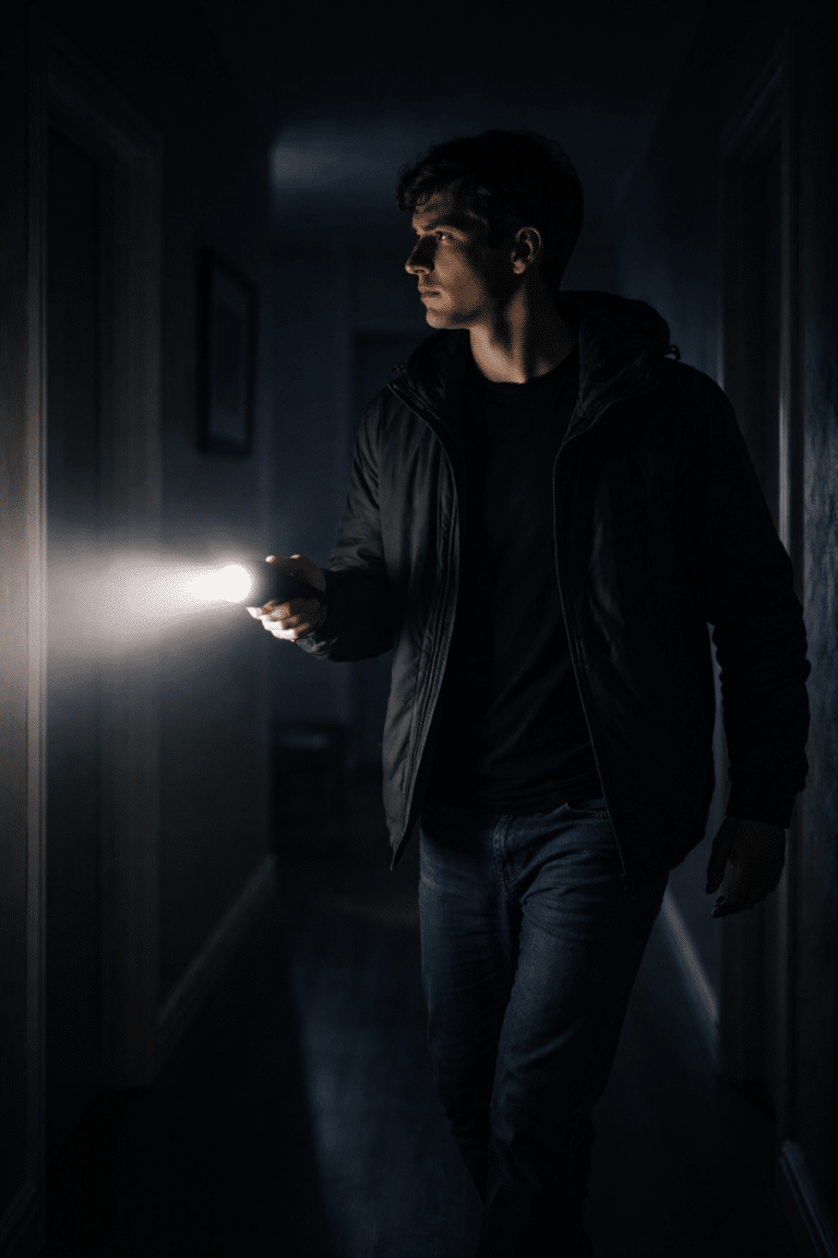 man standing in dark hallway during power outage shining flashlight scanning surroundings