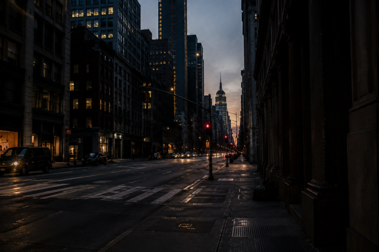 Dark urban street during a large-scale power outage with dim city buildings, wet pavement reflections, sparse traffic, and a tense blackout atmosphere at dusk.