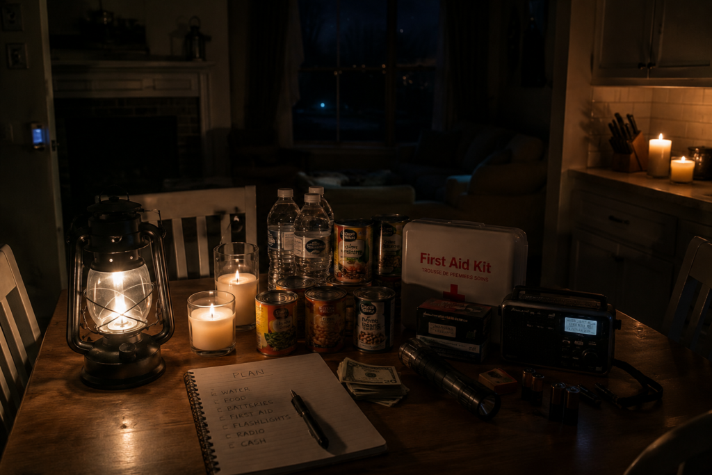 Emergency blackout supplies on a candlelit kitchen table including lanterns, canned food, water bottles, flashlight, radio, batteries, and first aid kit during a nighttime power outage.