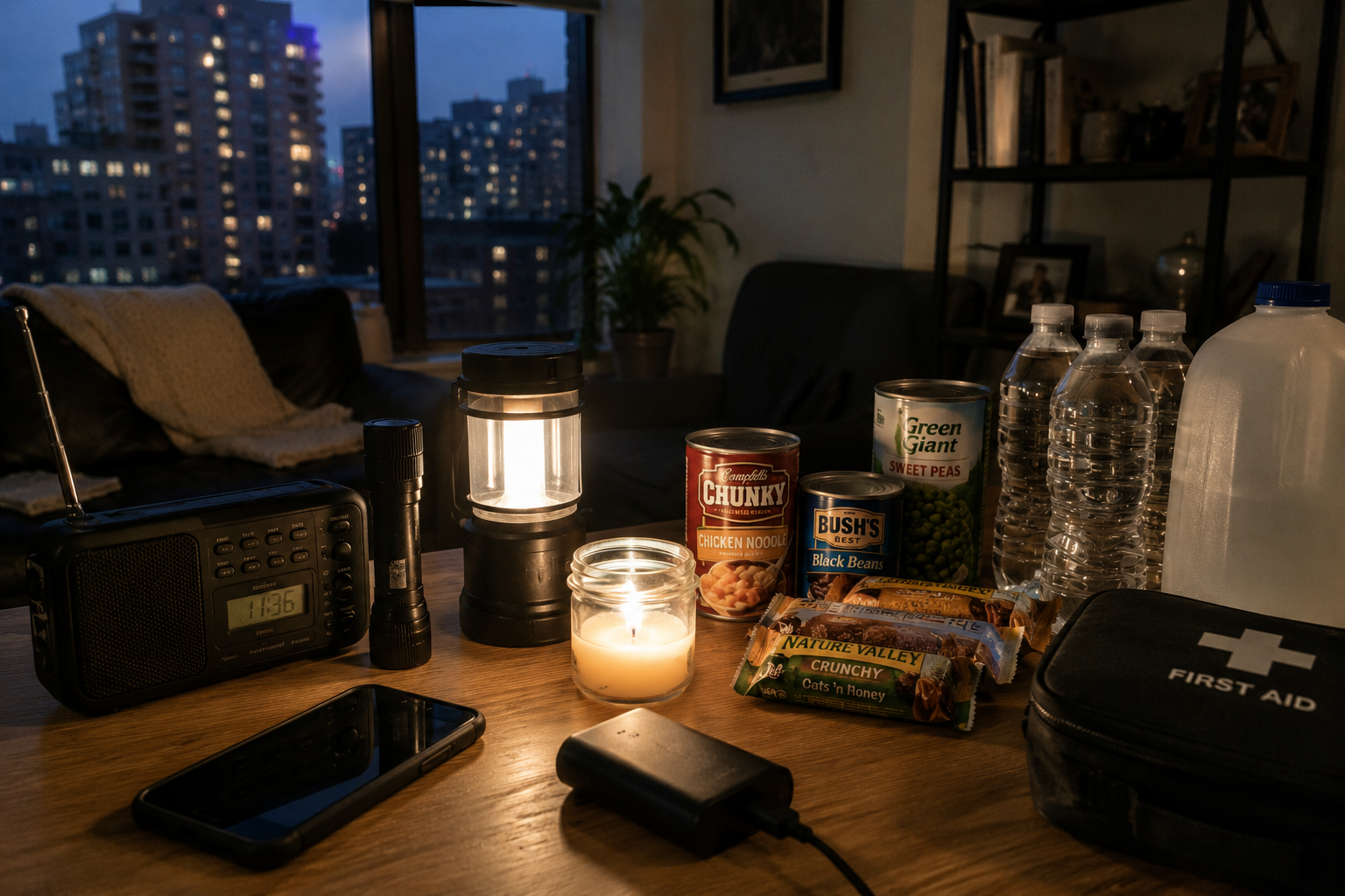 Apartment blackout survival setup inside a dark urban apartment during a power outage with emergency lanterns, candles, canned food, bottled water, battery banks, radio, and backup supplies on a table at night.