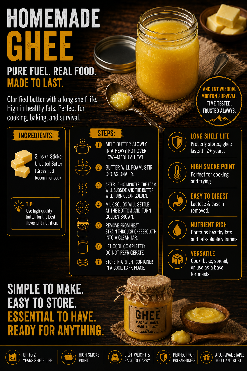 Homemade ghee survival food infographic showing clarified butter preparation steps, storage methods, cooking uses, and long-lasting emergency fat preparedness information on a rustic survival-themed background