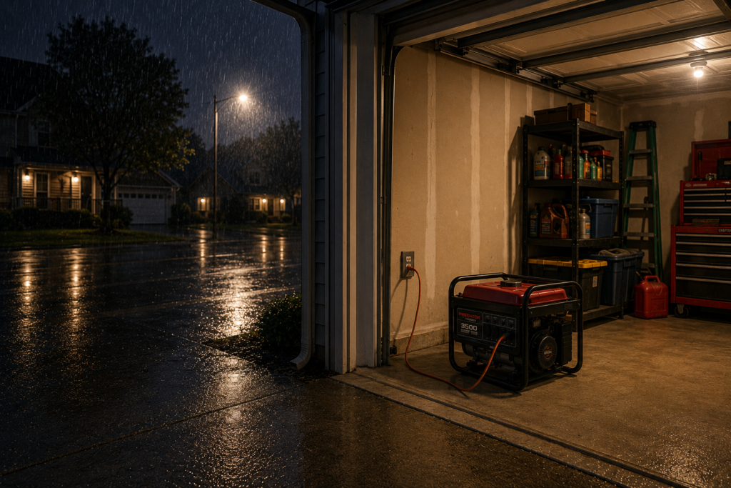 Portable generator running inside an open suburban garage during a rainy nighttime power outage with wet streets and dark neighborhood outside