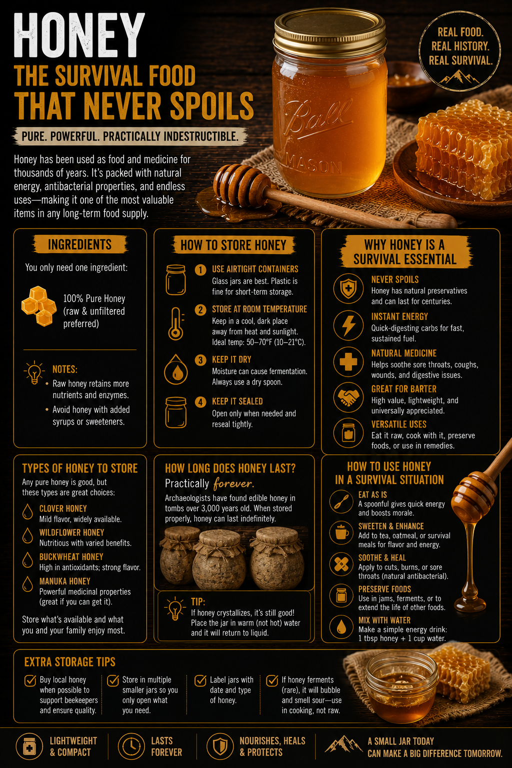 Honey survival food infographic showing long-term honey storage, emergency preparedness uses, shelf-stable sweetener benefits, and survival food information on a rustic background