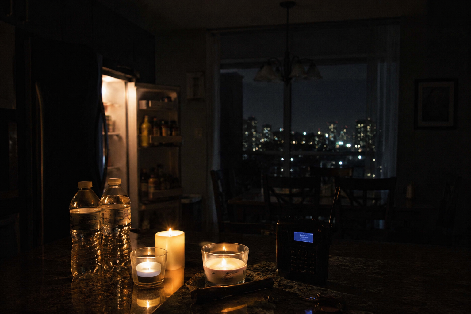 Dark kitchen during a summer blackout with bottled water, candles, and an emergency radio sitting on a counter while an open refrigerator glows in the background and city lights remain visible outside at night.