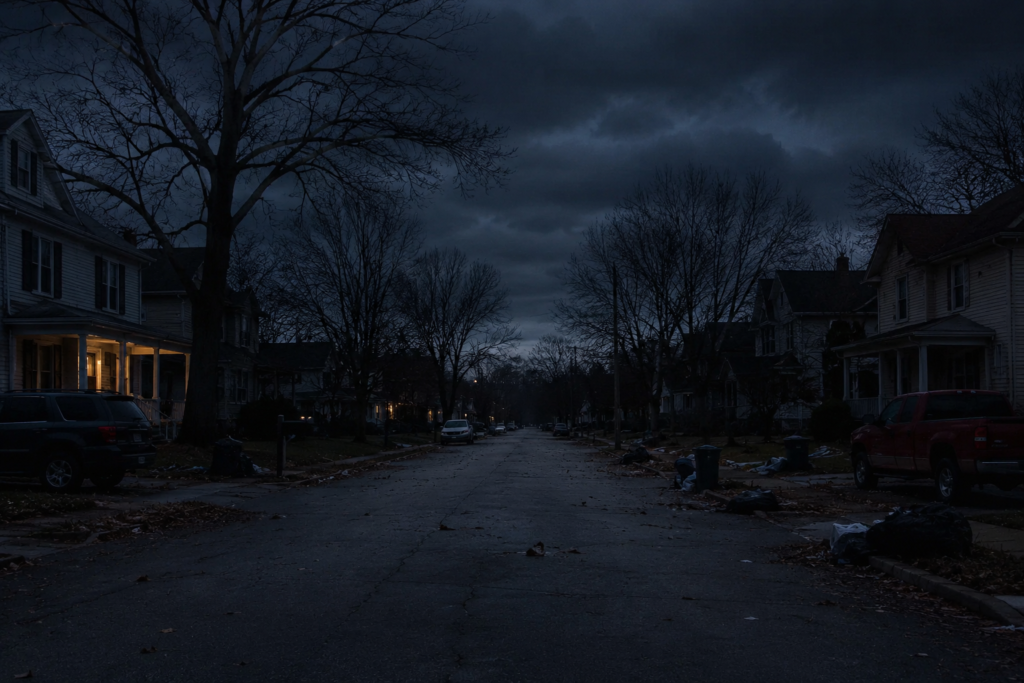 Dark suburban neighborhood during a long-term blackout with empty streets, abandoned vehicles, scattered trash, and a single dimly lit house under stormy skies after 30 days without power.