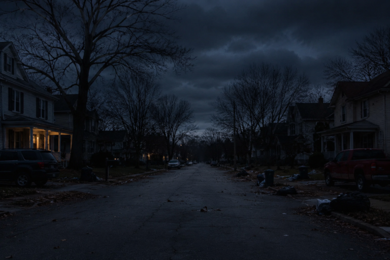 Dark suburban neighborhood during a long-term blackout with empty streets, abandoned vehicles, scattered trash, and a single dimly lit house under stormy skies after 30 days without power.