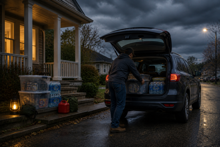 man loading emergency supplies into SUV outside suburban home before storm with water containers, storage bins, and lantern visible