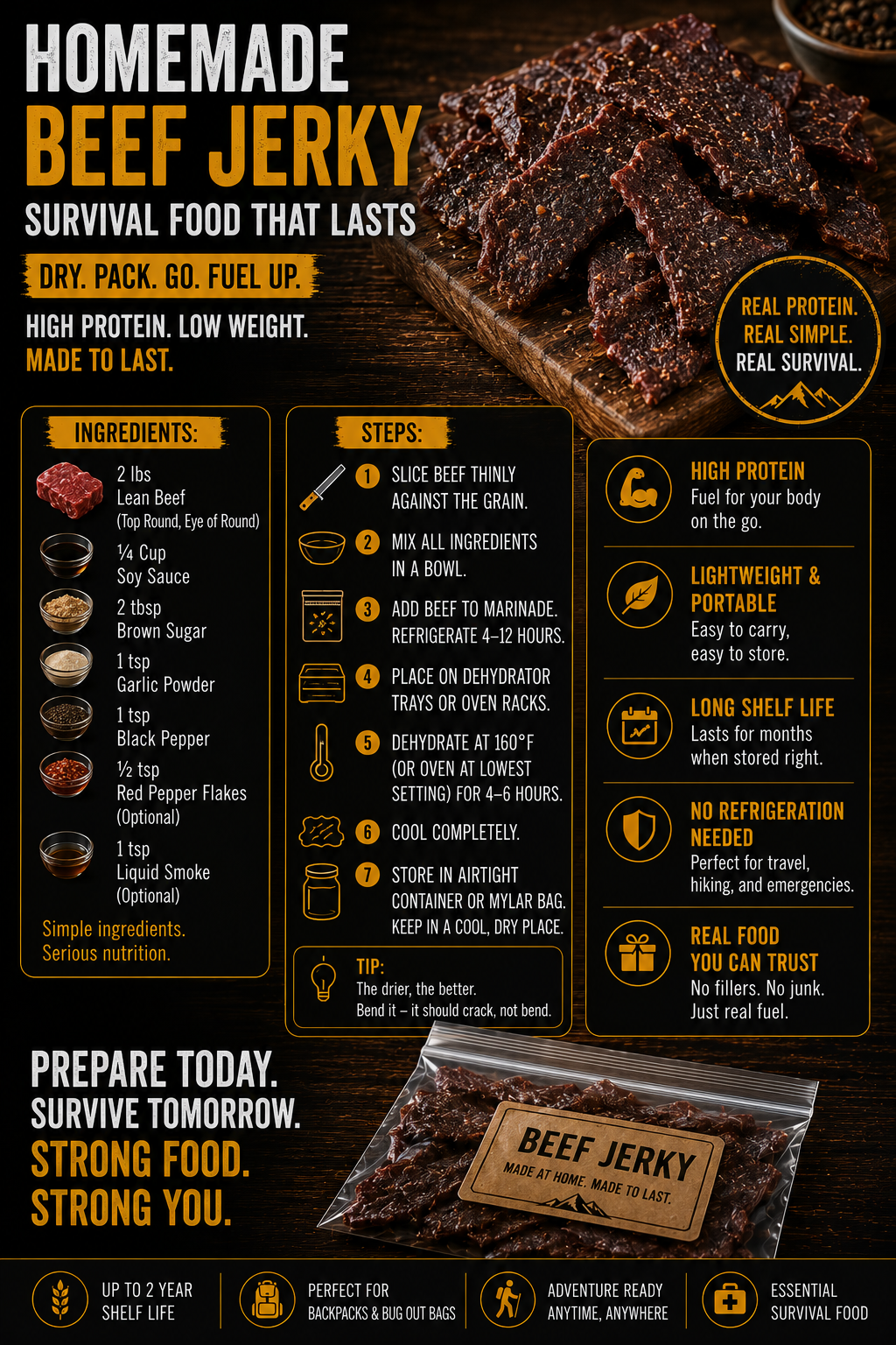 Homemade beef jerky survival food infographic showing dried meat preparation steps, ingredients, storage methods, and lightweight emergency protein food information on a rustic survival-themed background