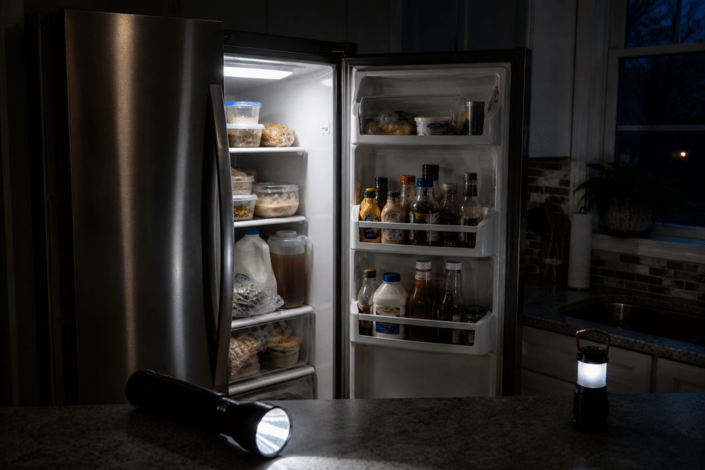 open refrigerator during power outage with flashlight and lantern showing food inside at risk of spoilage