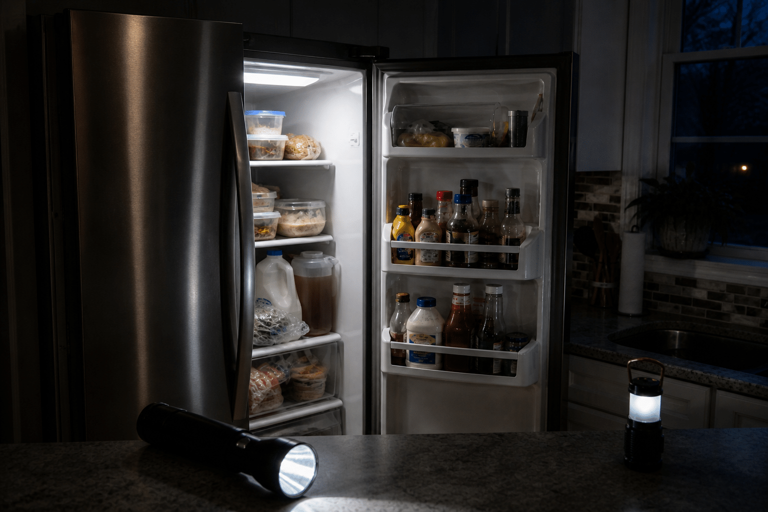 open refrigerator during power outage with flashlight and lantern showing food inside at risk of spoilage