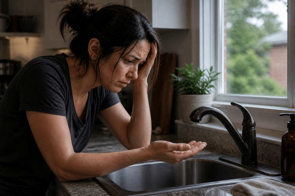 woman checking faucet with no running water in kitchen during blackout, water outage survival scenario