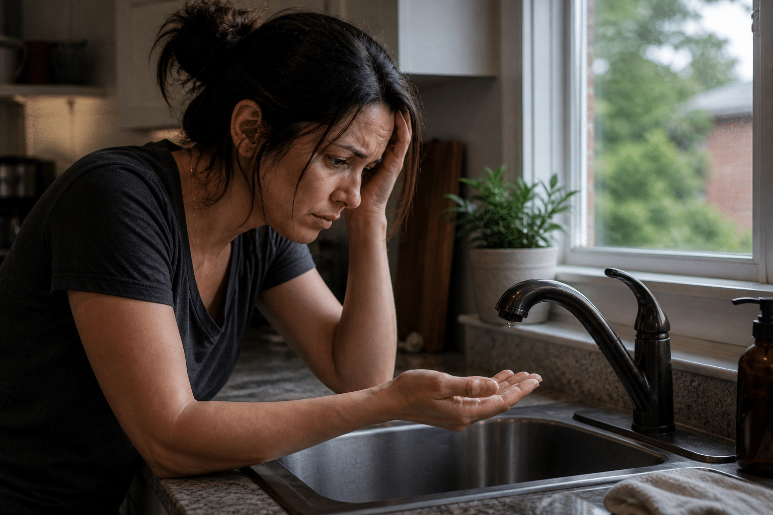 woman checking faucet with no running water in kitchen during blackout, water outage survival scenario