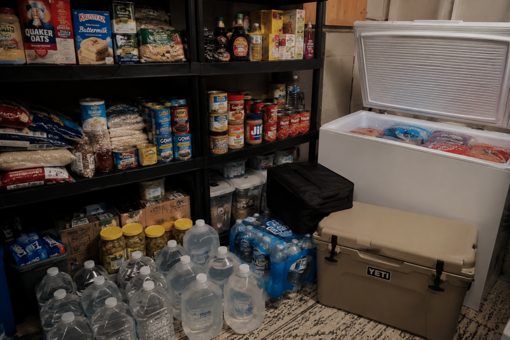 Well-organized emergency food storage setup in a basement pantry with shelves of canned goods, rice, oats, bottled water, a large cooler, and an open chest freezer prepared for a long-term blackout.