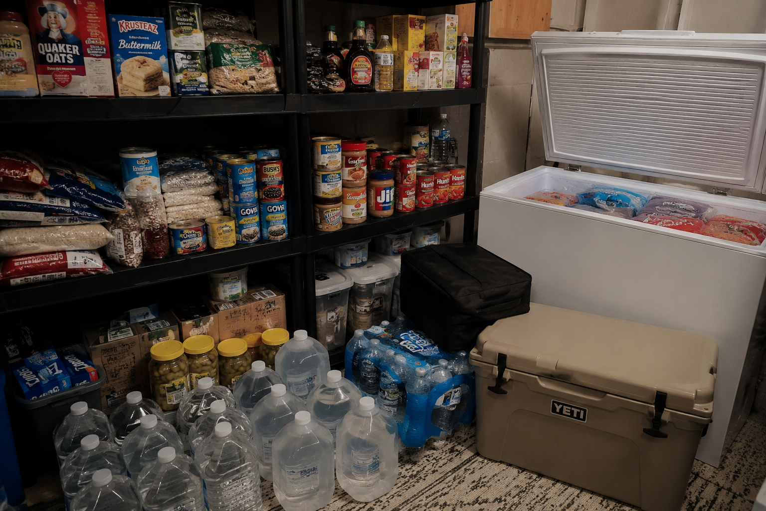 Well-organized emergency food storage setup in a basement pantry with shelves of canned goods, rice, oats, bottled water, a large cooler, and an open chest freezer prepared for a long-term blackout.