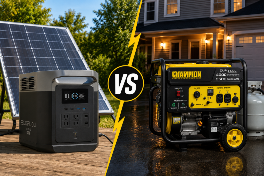 Solar generator vs gas generator comparison showing an EcoFlow solar power station with solar panels beside a Champion dual-fuel generator outside a suburban home during a blackout preparedness scenario.