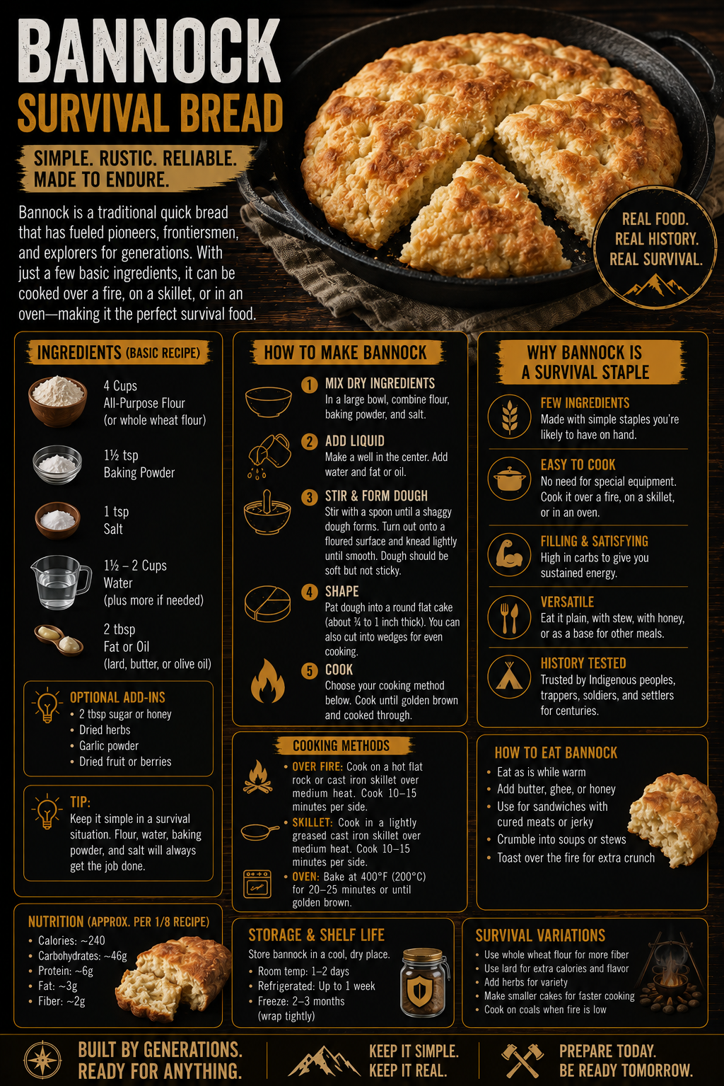 Bannock survival bread infographic showing simple emergency bread ingredients, campfire cooking methods, preparation steps, and off-grid survival food information on a rustic preparedness-themed background