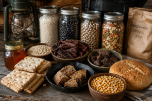 Long-lasting survival foods including hardtack, jerky, rice, beans, honey, bannock bread, pemmican, oats, dehydrated meals, and parched corn arranged on a rustic preparedness table with emergency storage supplies