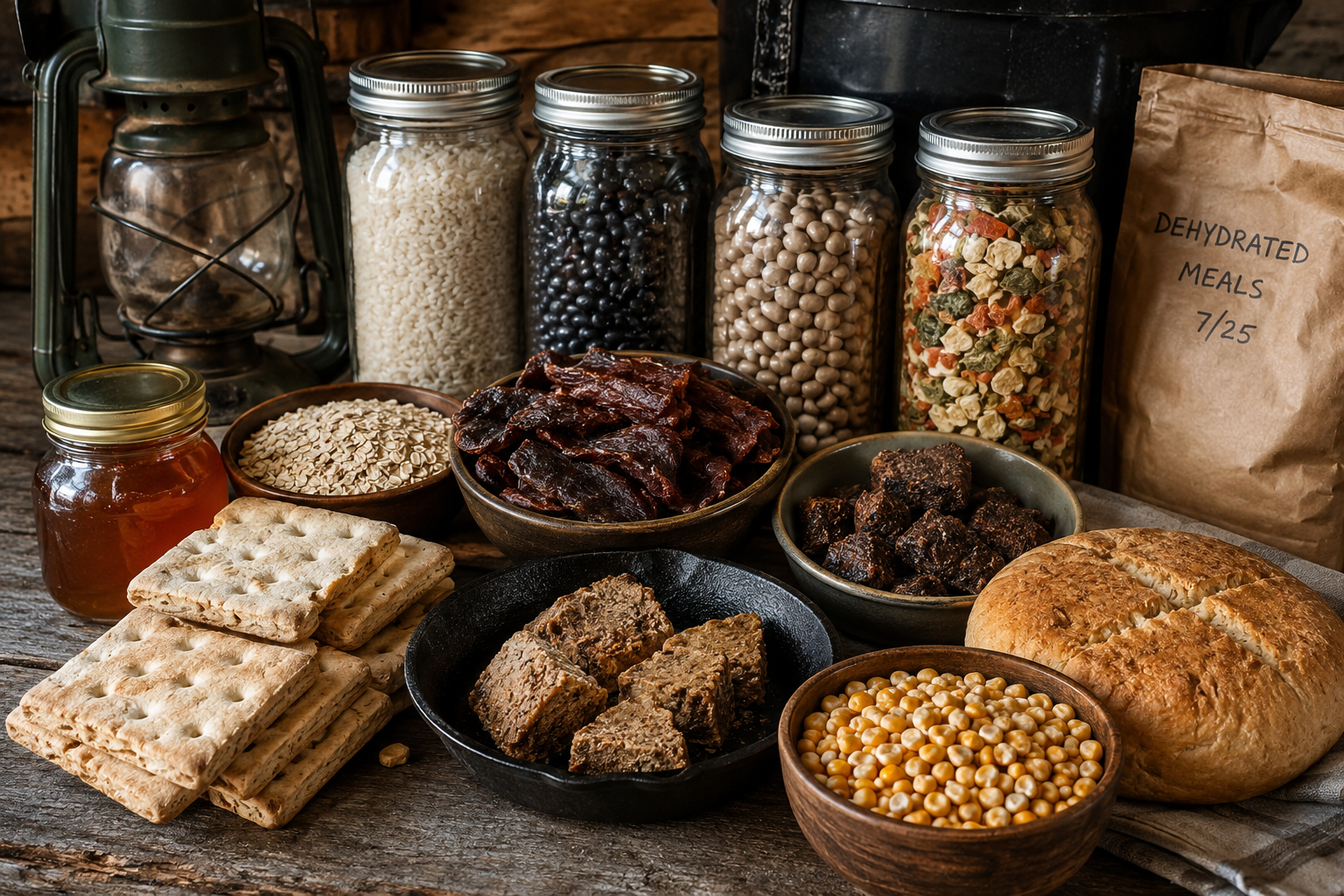 Long-lasting survival foods including hardtack, jerky, rice, beans, honey, bannock bread, pemmican, oats, dehydrated meals, and parched corn arranged on a rustic preparedness table with emergency storage supplies