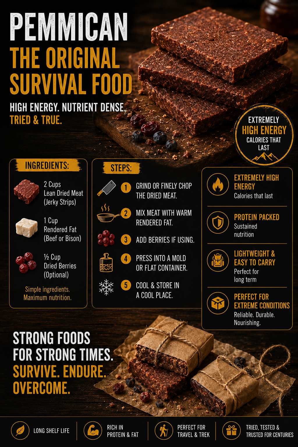 Pemmican survival food infographic showing dried meat, rendered fat, traditional preparation steps, storage tips, and high-calorie emergency food information on a rustic survival-themed background