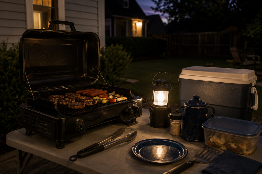 Emergency cooking setup during a nighttime power outage with portable grill, lantern, cooler, cookware, and food preparation table in a suburban backyard.