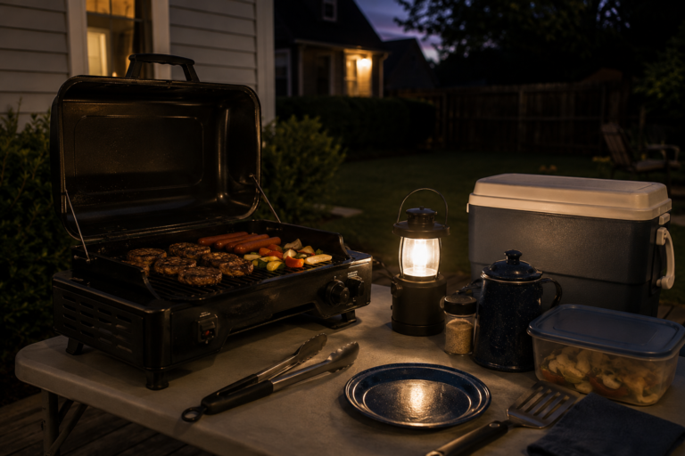 Emergency cooking setup during a nighttime power outage with portable grill, lantern, cooler, cookware, and food preparation table in a suburban backyard.