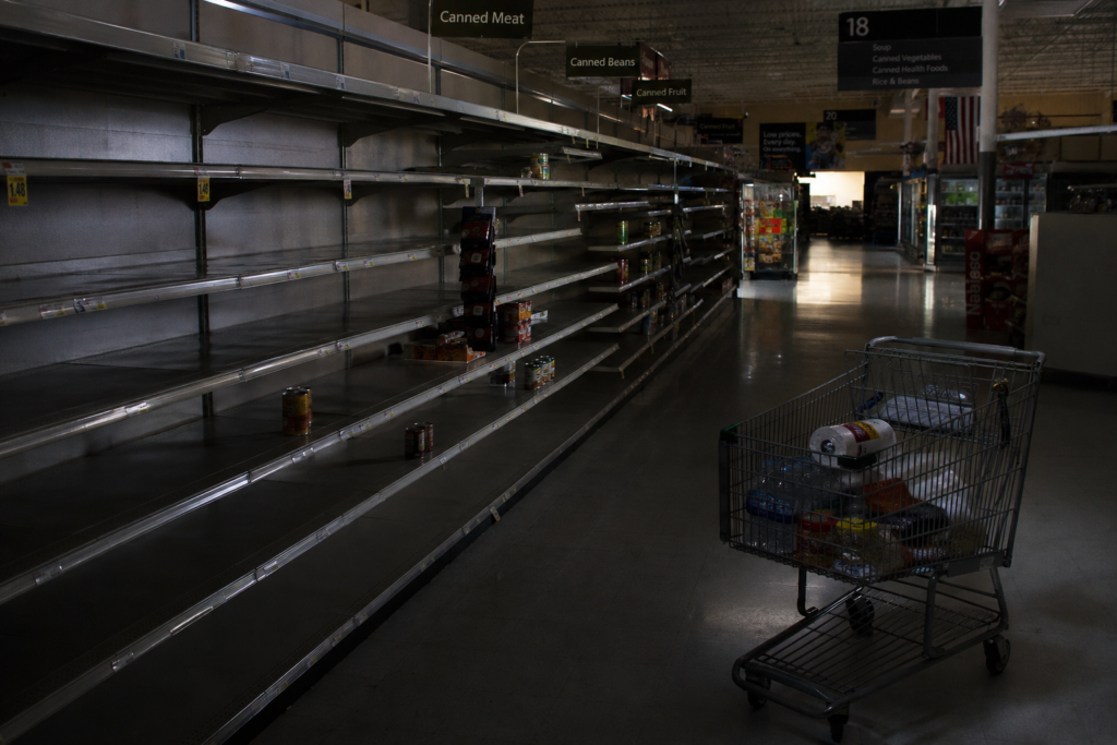 Empty grocery store shelves during a blackout with emergency supplies running low and a shopping cart filled with survival essentials