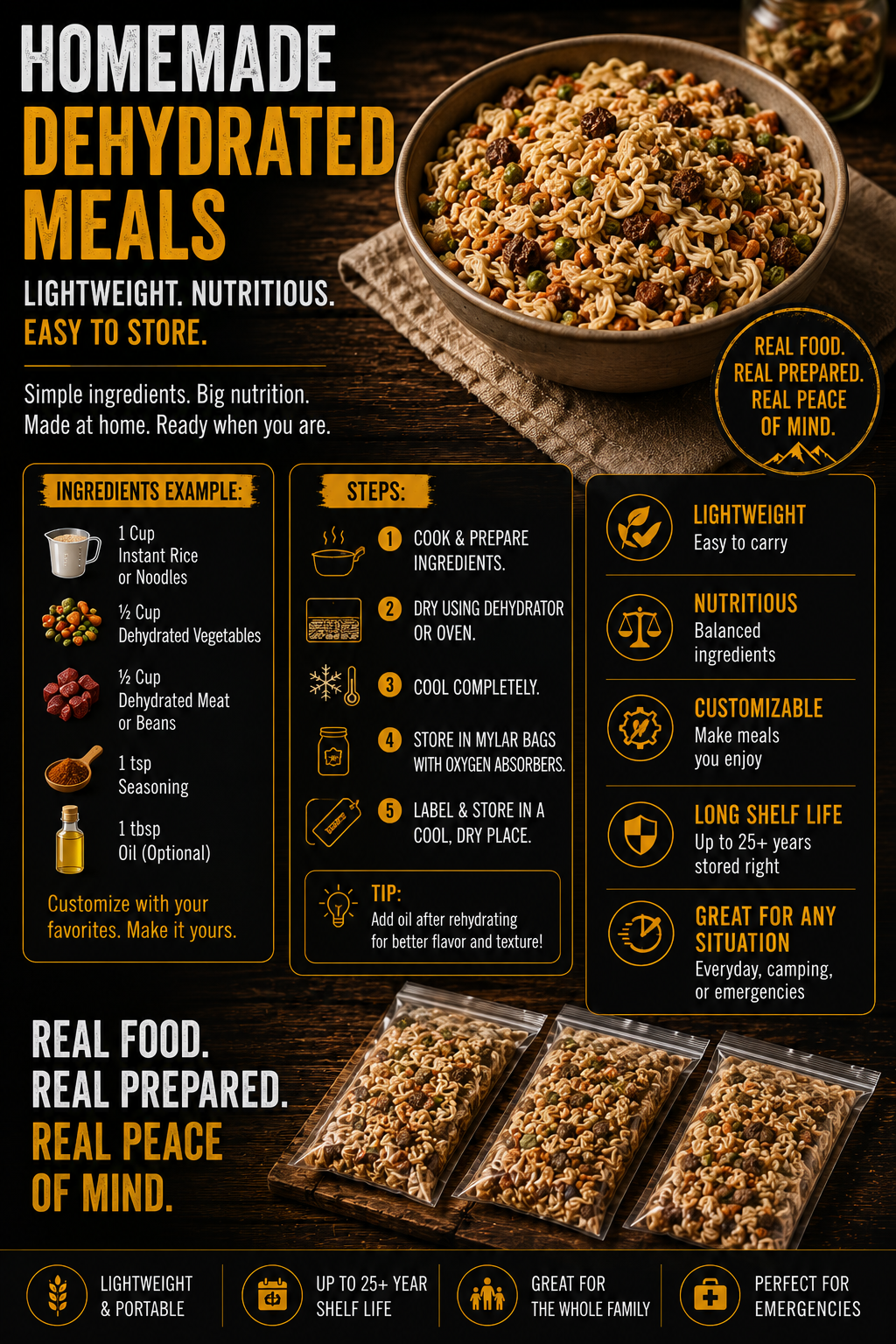 Homemade dehydrated meals survival food infographic showing lightweight emergency meal preparation, food dehydration steps, storage methods, and long-term preparedness food information on a rustic background