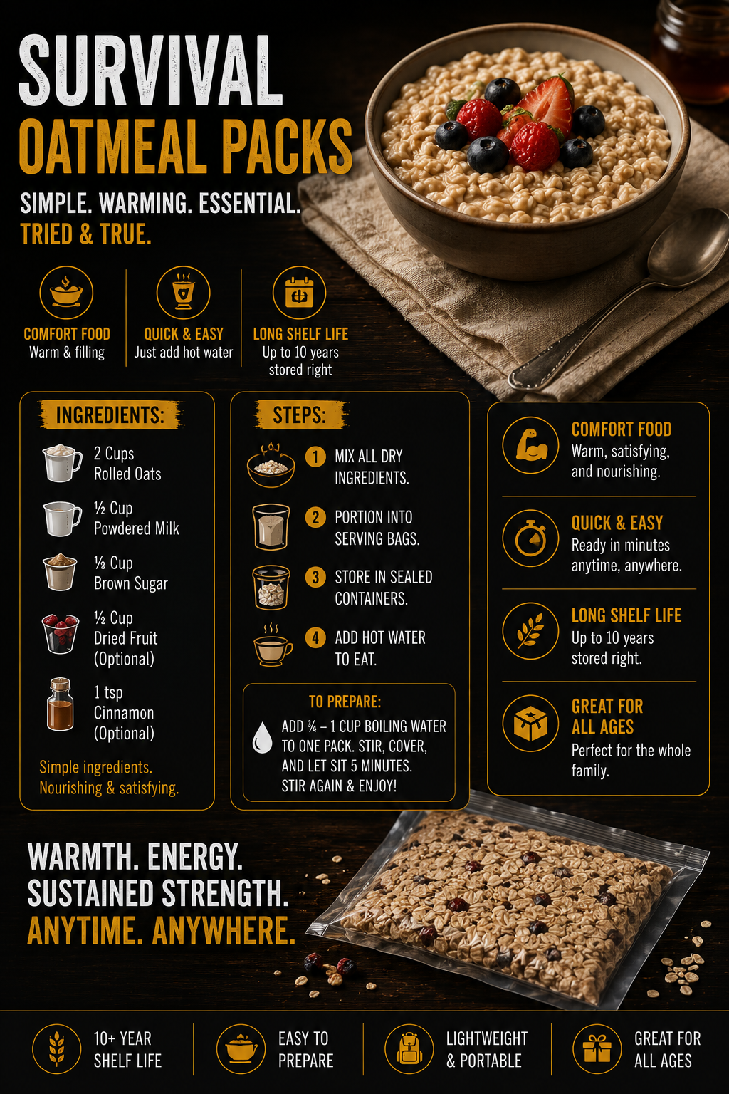 Survival oatmeal packs infographic showing emergency oatmeal ingredients, meal preparation steps, storage methods, and long-lasting breakfast food preparedness information on a rustic survival-themed background