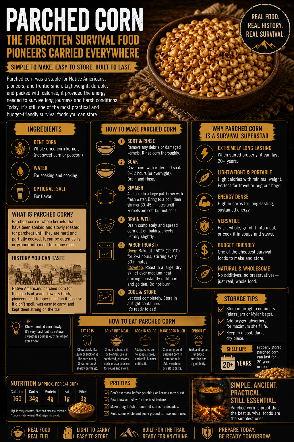 Parched corn survival food infographic showing roasted corn preparation methods, lightweight emergency food storage tips, historical survival uses, and long-lasting preparedness food information on a rustic background