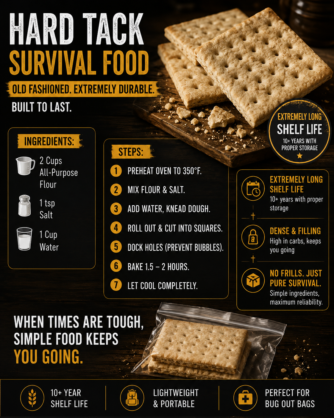 Hardtack survival food recipe infographic showing homemade hardtack crackers with ingredients, baking steps, storage tips, and long-term emergency food preparedness information on a rustic background