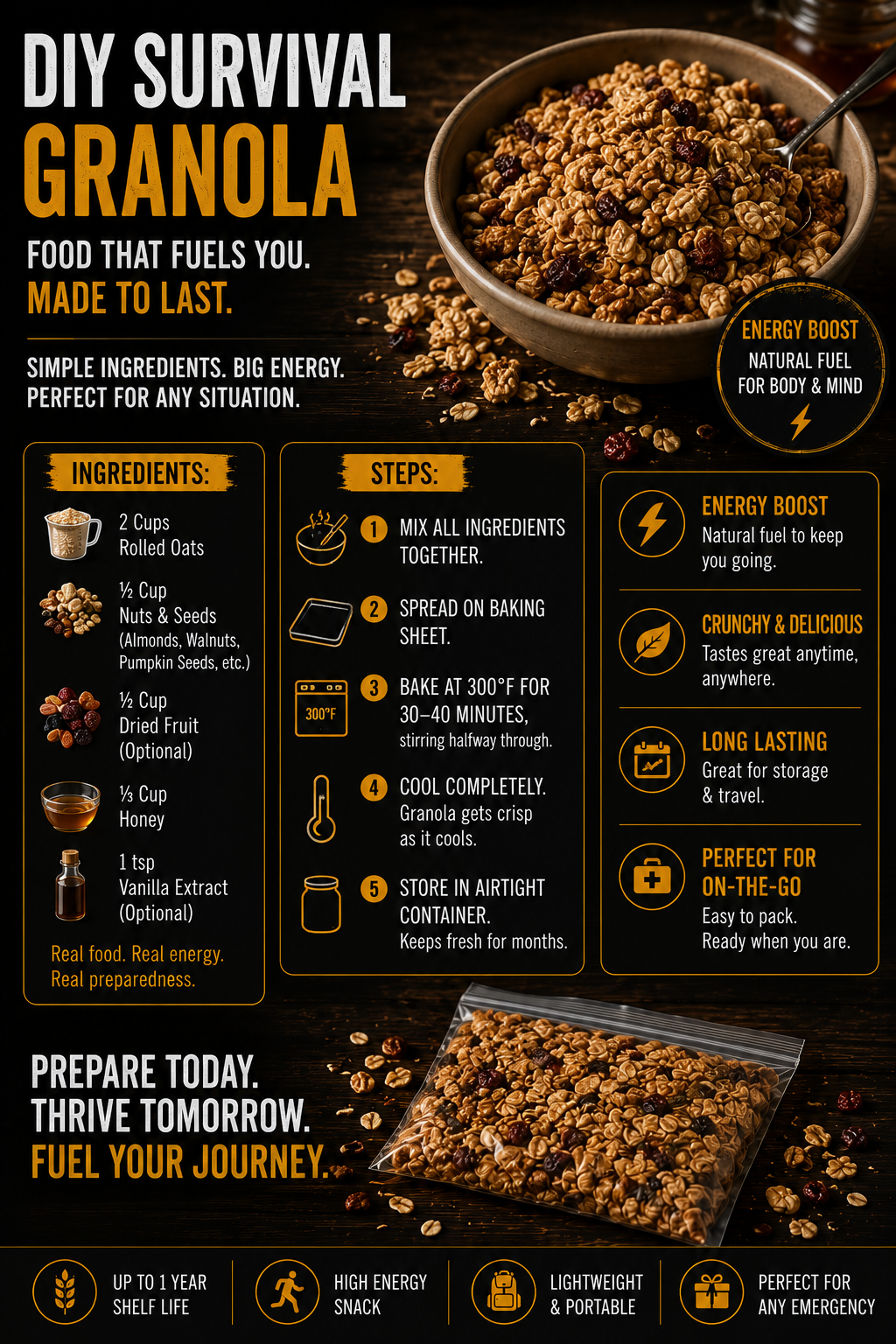 Homemade granola survival food infographic showing oats, nuts, dried fruit ingredients, preparation steps, storage tips, and lightweight emergency food preparedness information on a rustic background