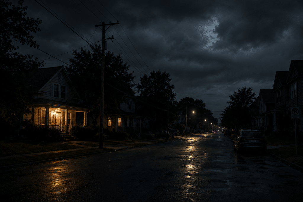 Stormy suburban neighborhood during a long-term power outage with dark homes, wet streets, and a single porch light glowing at night