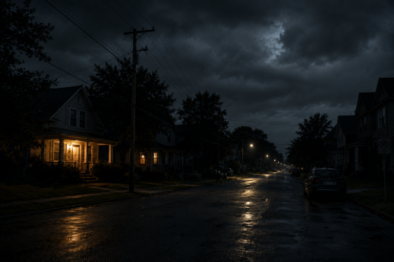 Stormy suburban neighborhood during a long-term power outage with dark homes, wet streets, and a single porch light glowing at night