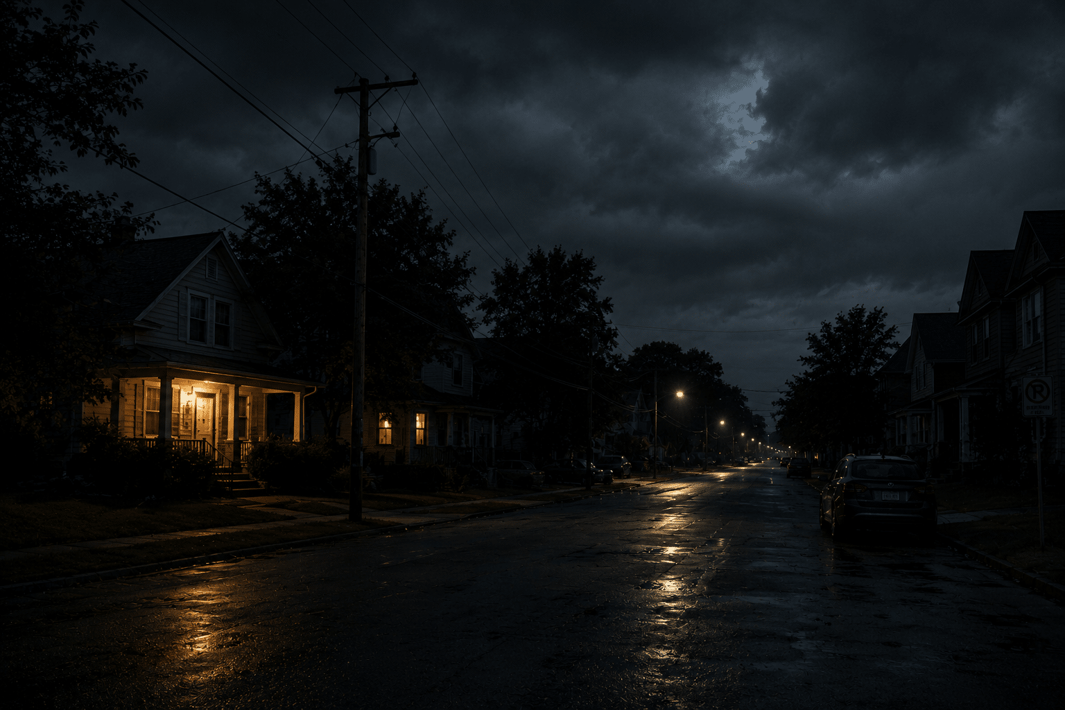 Stormy suburban neighborhood during a long-term power outage with dark homes, wet streets, and a single porch light glowing at night