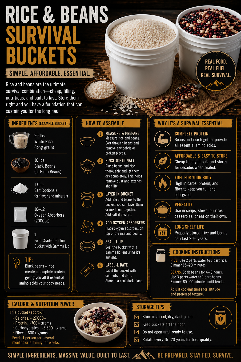Rice and beans survival food storage infographic showing bulk emergency food supplies, Mylar bag storage methods, preparation tips, and long-term preparedness information on a rustic survival-themed background