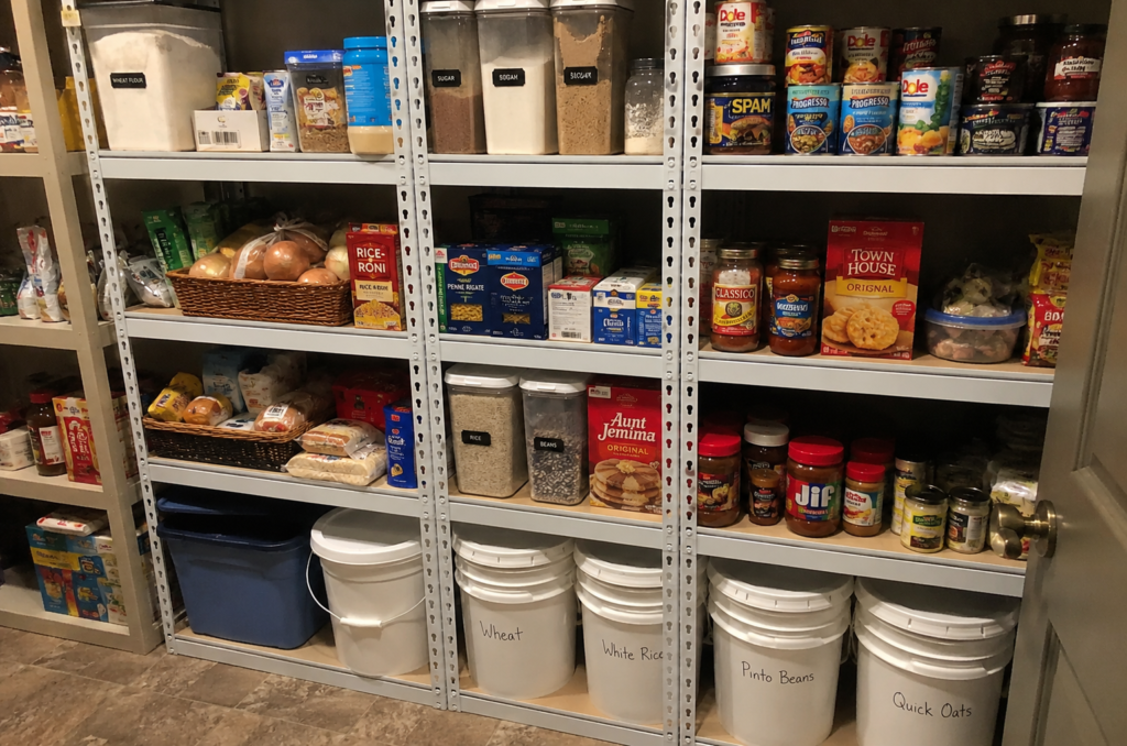 Family-sized 30-day emergency food supply displayed on a kitchen island with canned goods, rice, beans, pasta, oatmeal, peanut butter, bottled water, bread, and grocery bags in the background.