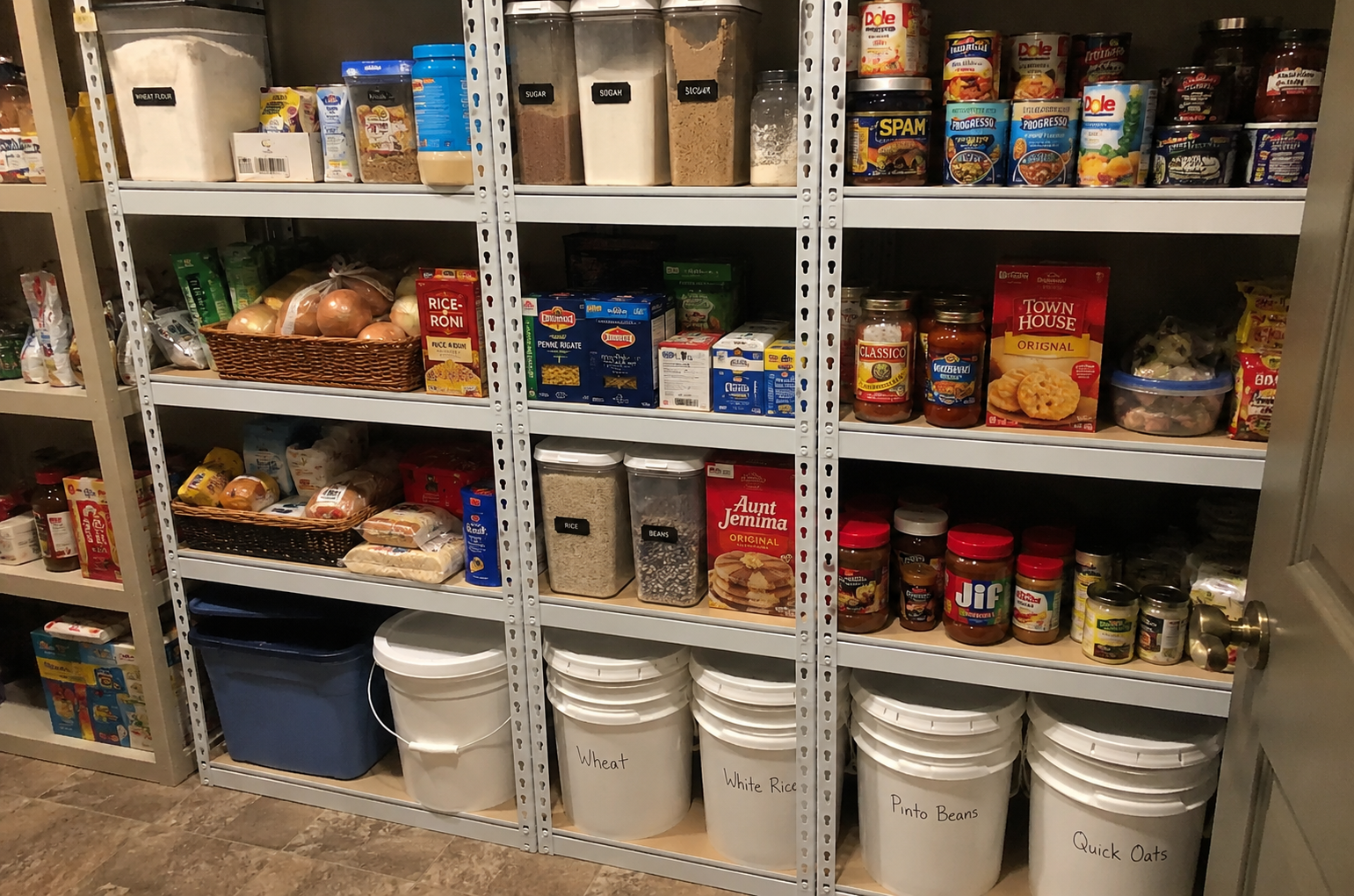 Family-sized 30-day emergency food supply displayed on a kitchen island with canned goods, rice, beans, pasta, oatmeal, peanut butter, bottled water, bread, and grocery bags in the background.