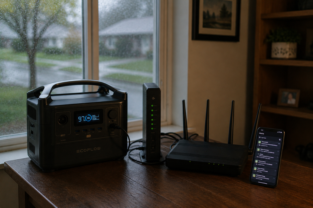 Portable power station powering a modem and Wi-Fi router on a wooden table during a blackout, with a smartphone showing emergency alerts and rain visible through a nearby window.