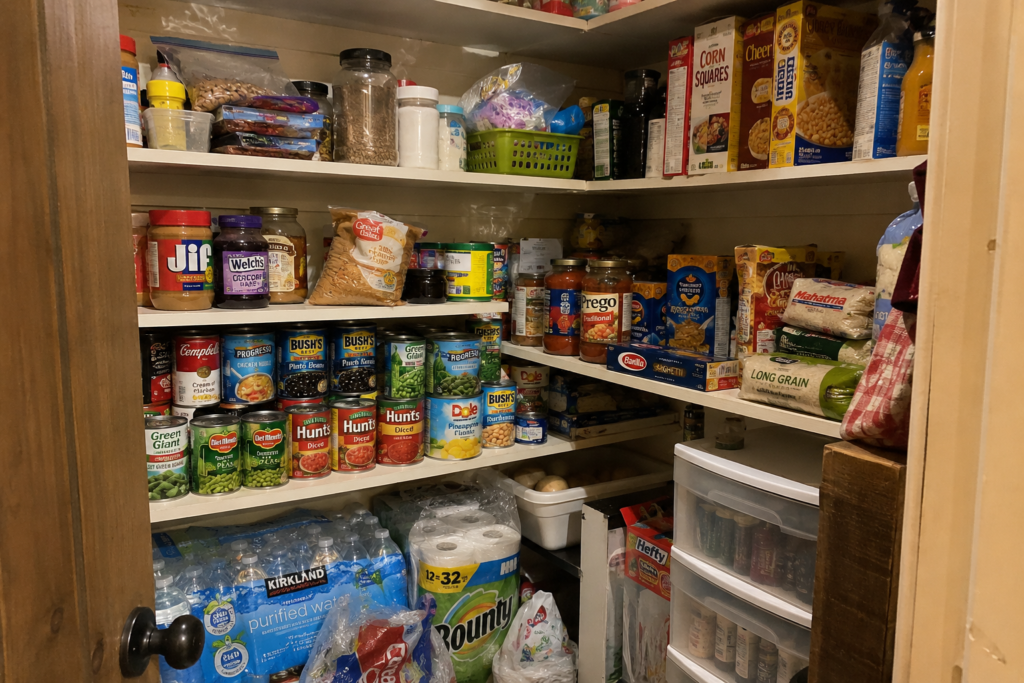 Organized 30-day emergency pantry stocked with canned foods, dry goods, bottled water, baking supplies, pasta, beans, and shelf-stable groceries stored on wooden shelves for emergency preparedness and long-term food storage.
