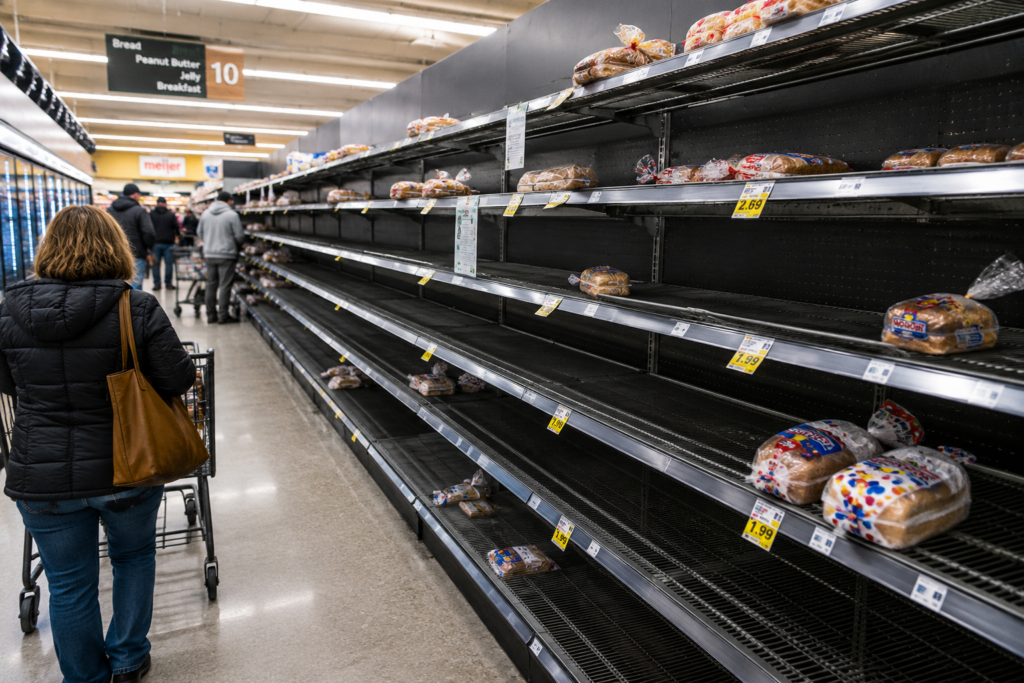 Partially empty grocery store bread aisle with shoppers pushing carts during a supply shortage, illustrating how essential foods can quickly disappear during emergencies and supply chain disruptions.