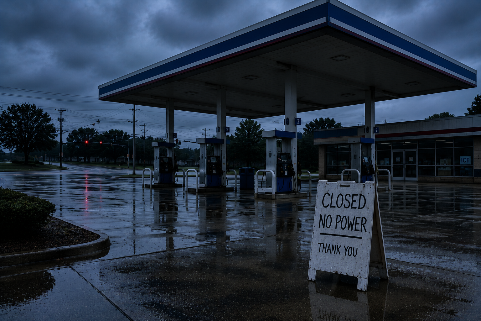 A deserted gas station at dusk during a storm, with dark clouds overhead, empty pumps, a dark convenience store, wet reflective pavement, and a weathered "CLOSED" sign in the foreground indicating no power.