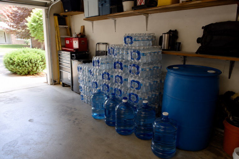 Emergency water storage setup with bottled water, 5-gallon containers, and a 55-gallon water drum in a residential garage.