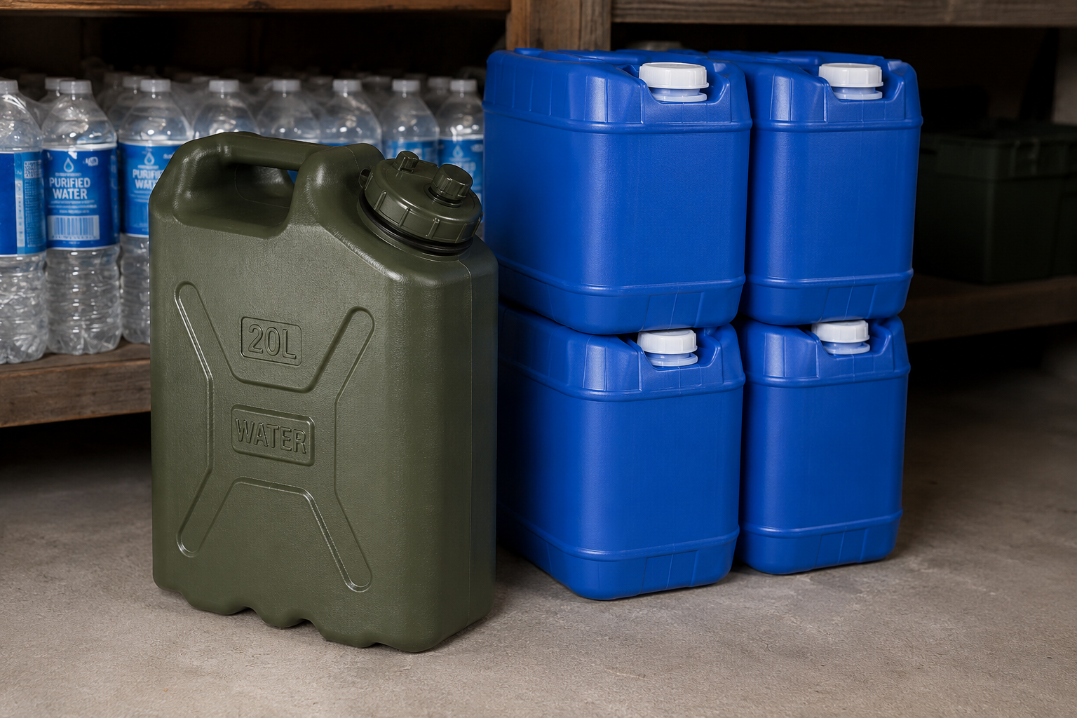 Emergency water storage containers including stackable blue water jugs, a military-style water can, and bottled water stored on shelves in a home preparedness storage area.