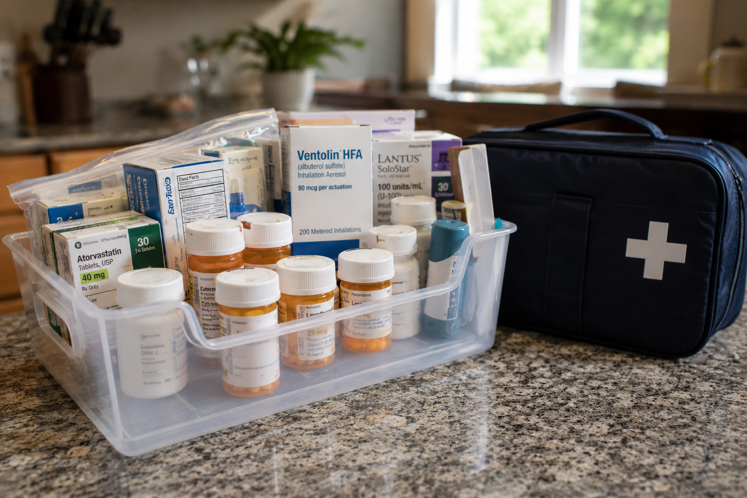 Emergency medication preparedness kit on a kitchen countertop with prescription bottles, inhalers, insulin supplies, and a first aid bag organized for disaster readiness and long-term emergency planning.