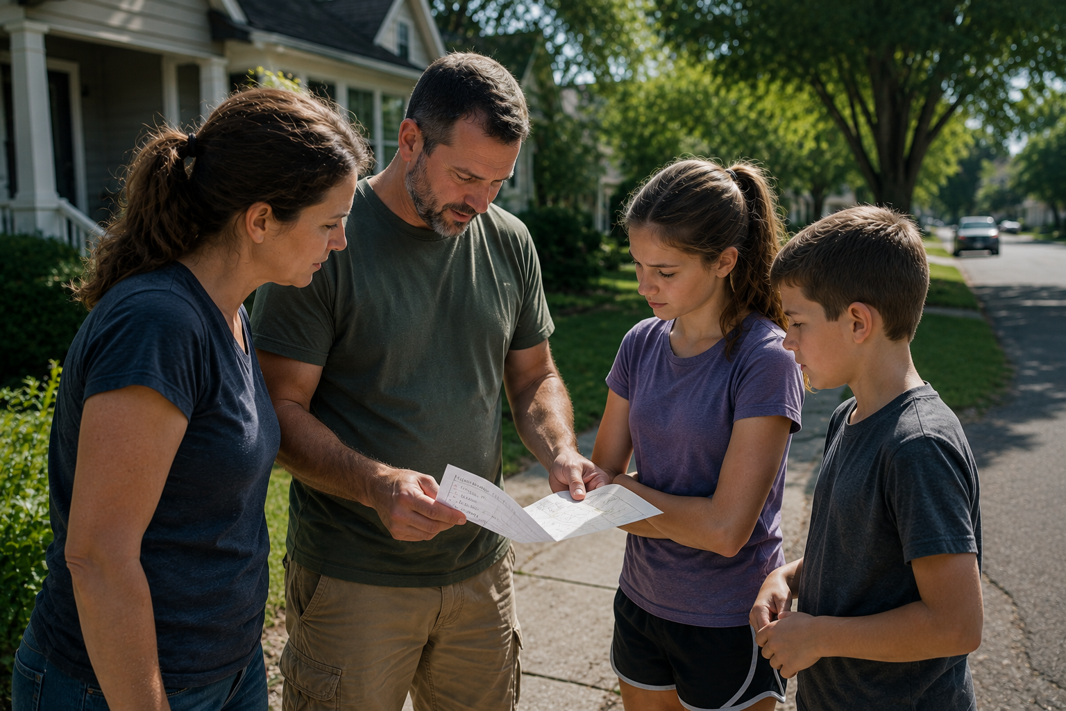 Family standing in a suburban neighborhood reviewing a printed emergency communication plan and meeting locations as part of disaster preparedness planning.