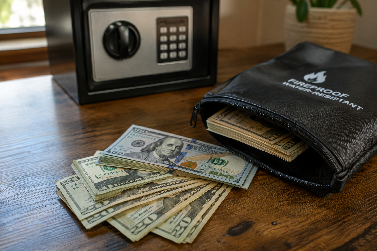 Emergency cash stored in a fireproof money bag beside a home safe, showing U.S. dollar bills organized for blackout preparedness, emergency planning, and financial resilience during power outages.