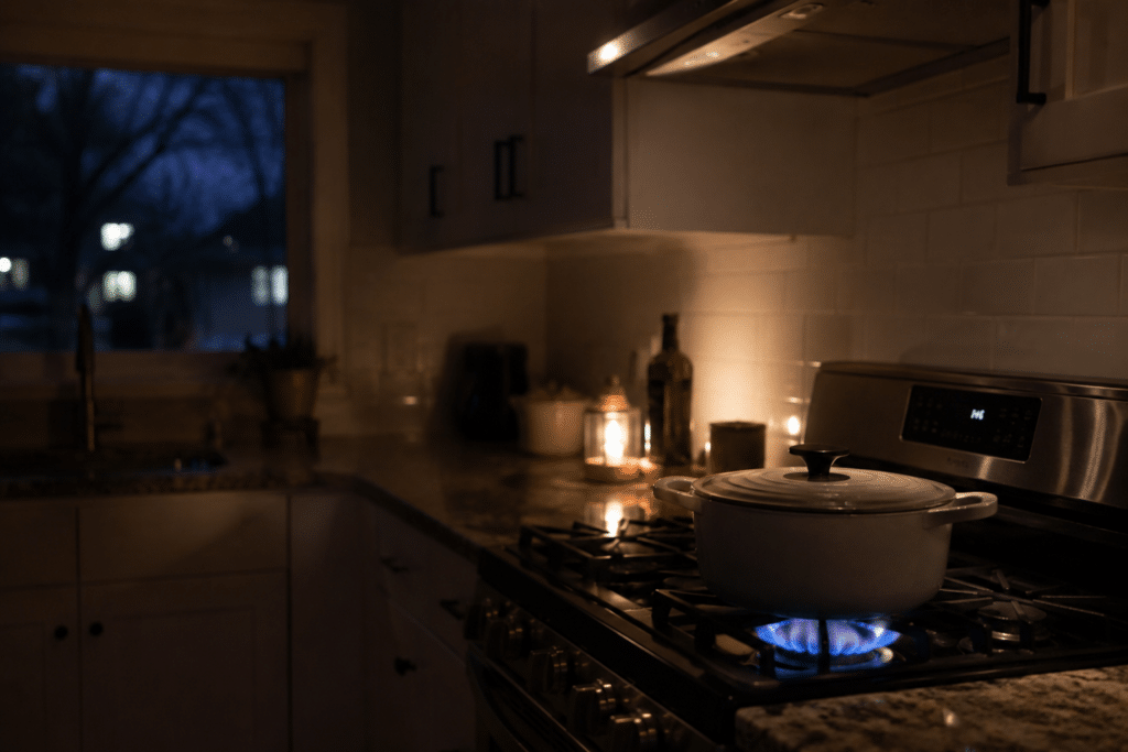 Natural gas stove operating during a power outage with a blue burner flame heating a pot in a dark kitchen illuminated by candlelight, demonstrating blackout cooking and emergency preparedness.